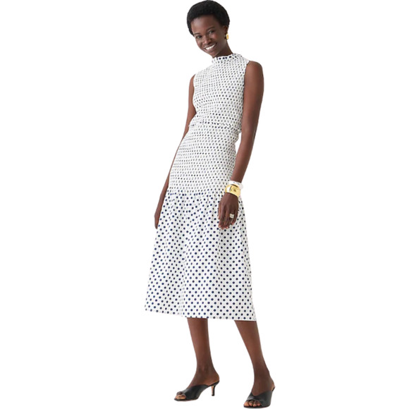J. Crew Smocked Cotton Poplin Drop-waist Dress in Dot Print Size Small NWT - Picture 1 of 11
